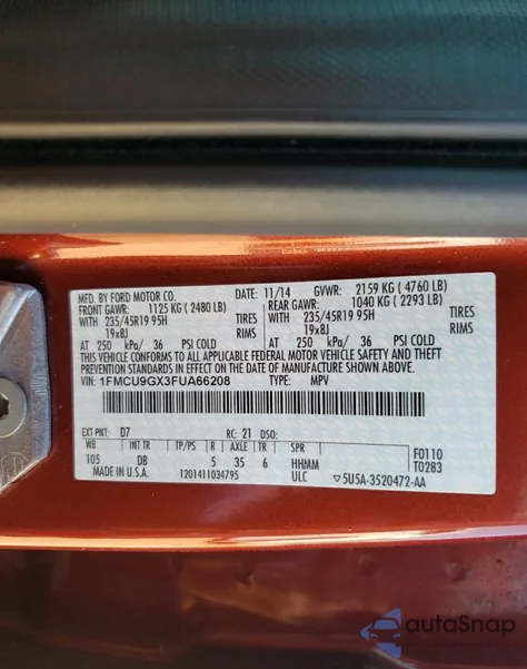 2015 Ford Escape Se z USA, uszkodzony, nr VIN 1FMCU9GX3FUA66208